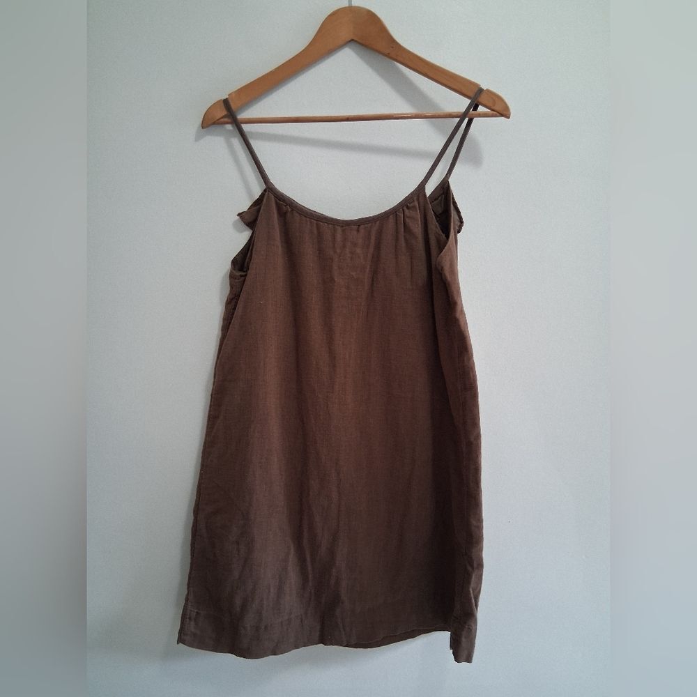 Old Navy Brown Linen Cotton Slip Mini Shift Dress Ruffle Neck Lined Size Small - Picture 2 of 7